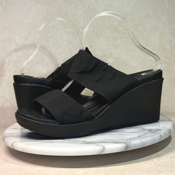 Crocs Leigh II Women's 10 Black Wedge Sandals Dual Comfort Slides Platforms - Picture 1 of 14